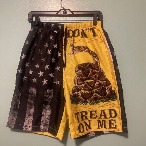 Don't Tread On Me Lined Swim Trunks Men's (M) Black/Yellow Pockets Drawstring - Picture 1 of 10